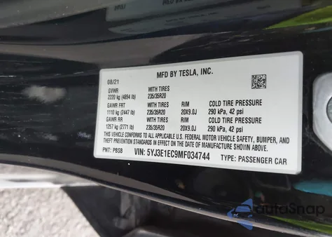 2021 Tesla Model 3 Performance Dual Motor All-Wheel Drive z USA, uszkodzony, nr VIN 5YJ3E1EC9MF034744